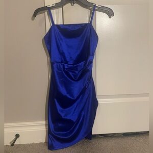 *used once* Juniors blue square neck faux satin dress. Great for school dance!!!